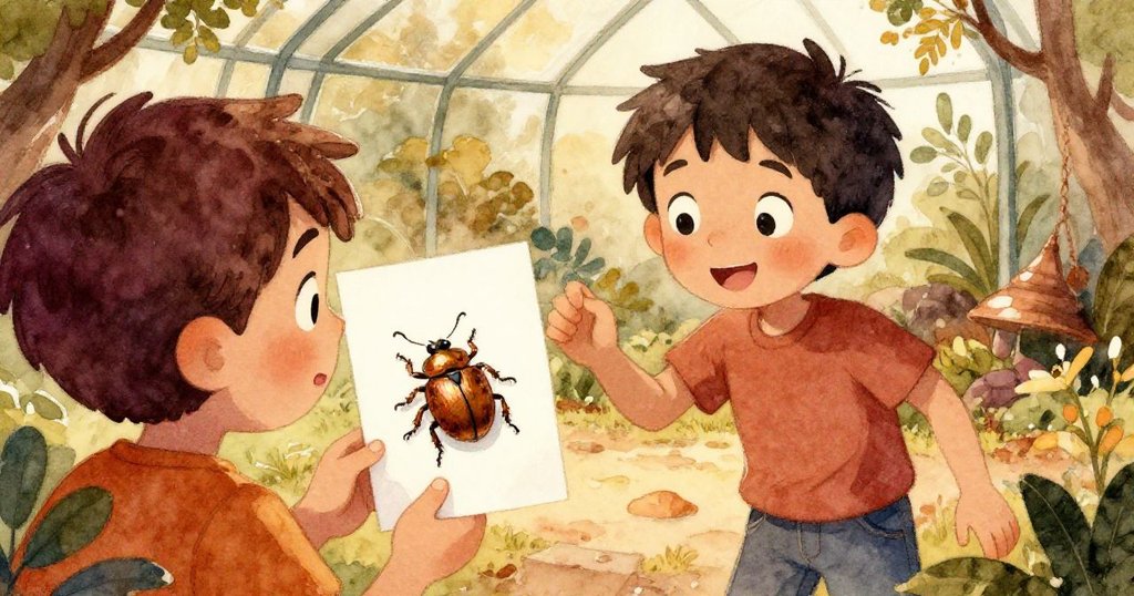 山姆從背後看著畫卡上爬行的小甲蟲，驚訝地伸手想救它，面部表情生動，細節豐富，充滿童趣與驚奇。