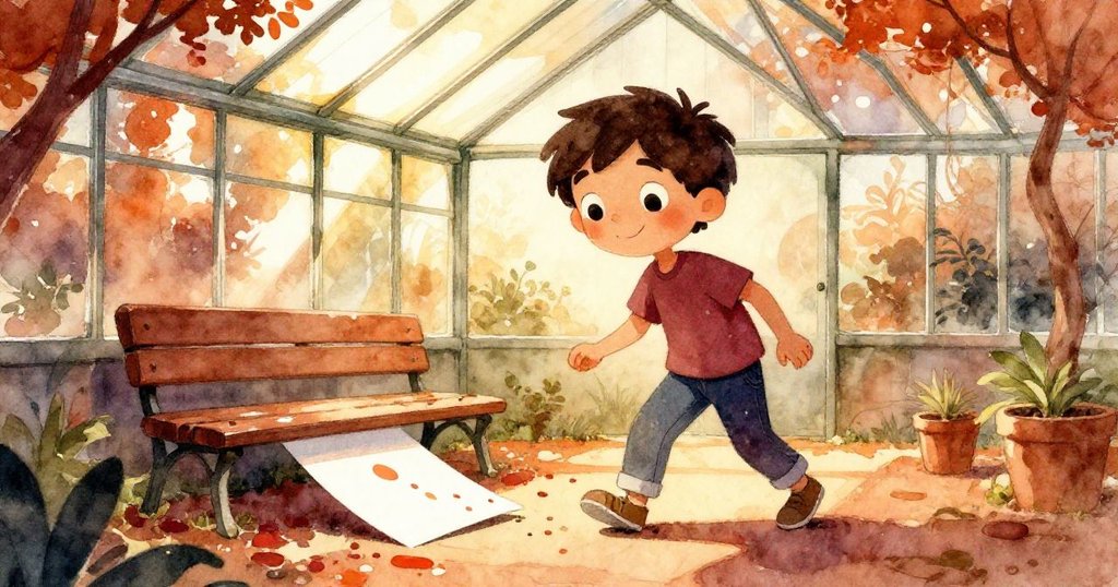 溫室中卡片驟然滑落到長凳下，亮彩顏料點綴地面，山姆急忙伸手，柔和光線穿透玻璃，動感十足。