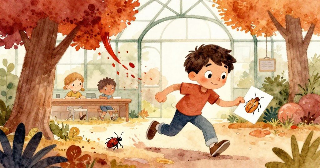 山姆急速追逐蠕動的甲蟲，同時撿起滑落的畫卡，決心將亂紅痕跡變作高樹輪廓，動作急促且充滿創意。