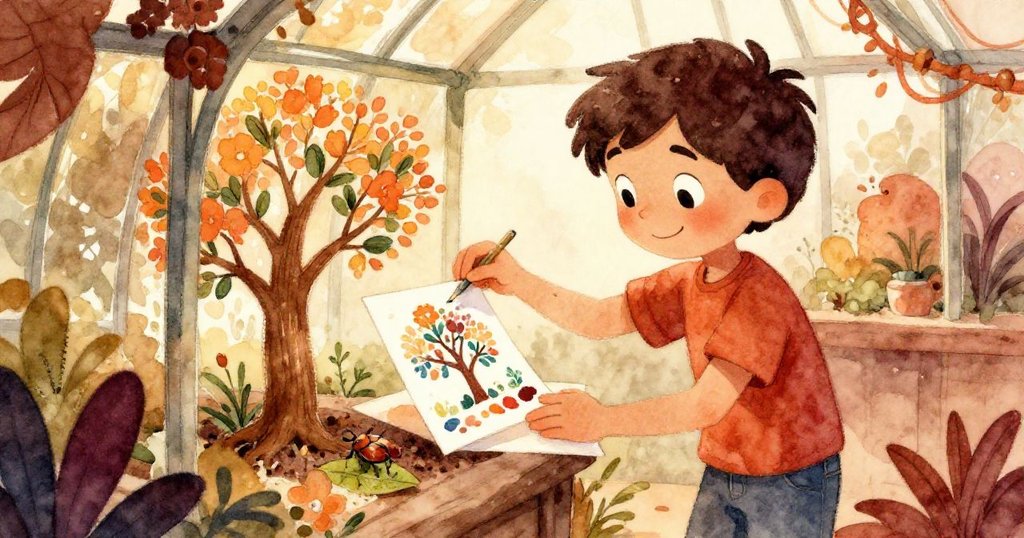 山姆滿足地微笑著完成畫作，將亂筆變成花開樹形，輕放甲蟲在安全葉上，最後將畫卡安置桌旁，結局溫馨。