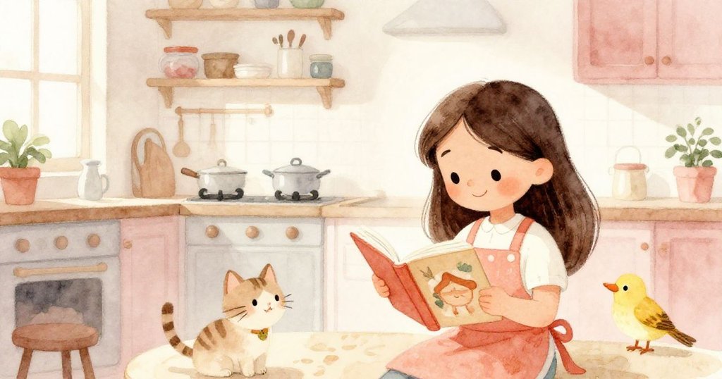 Tara在溫暖的廚房中閱讀新書，小貓和小鳥陪伴著她，充滿好奇與歡樂，展現故事開端的活力與溫馨