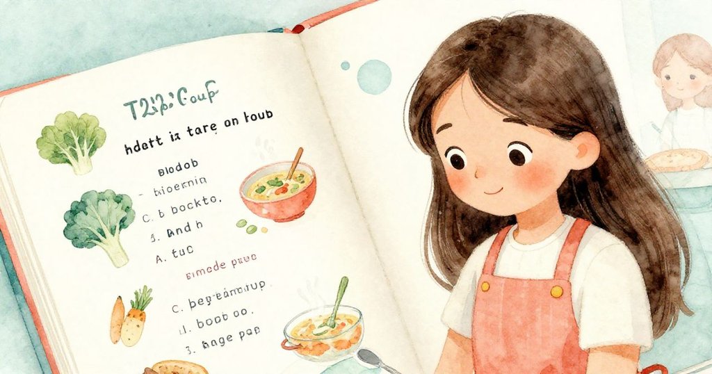 Tara專注地閱讀打開的食譜書，書上印有蔬菜湯的圖示與文字，展現出期待與仔細研究的情緒