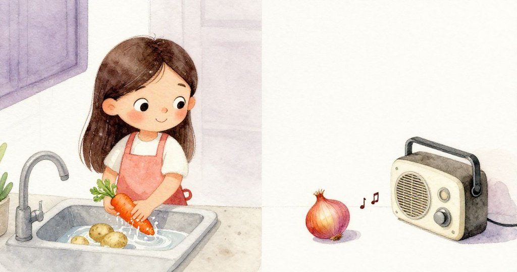 Tara在廚房左側沖洗蔬菜，右側洋蔥滑向開關觸發收音機播放快樂音樂，畫面分割展示兩段動作，充滿活力