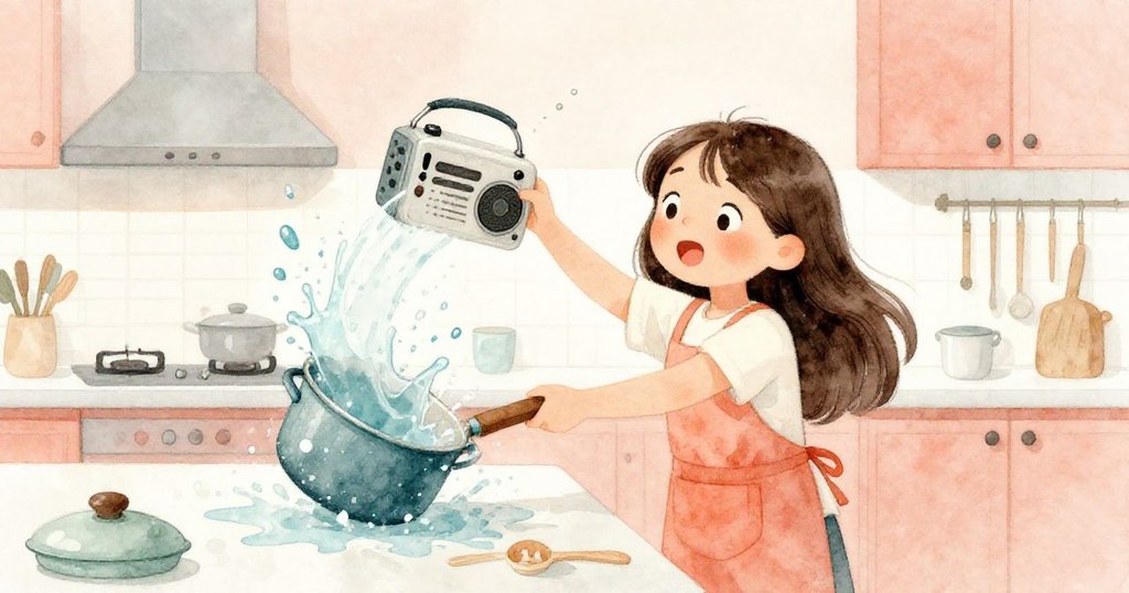 Tara驚訝地跳起來，湯鍋水花四濺，收音機播放快節奏音樂，動作誇張展現出意外的小災難場景