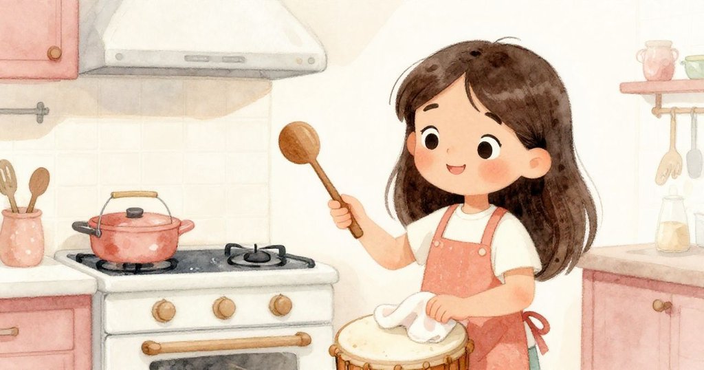 Tara冷靜地拿著毛巾擦灶台，並隨著收音機節拍敲擊器具，表情愉快展現智慧與解決問題的決心