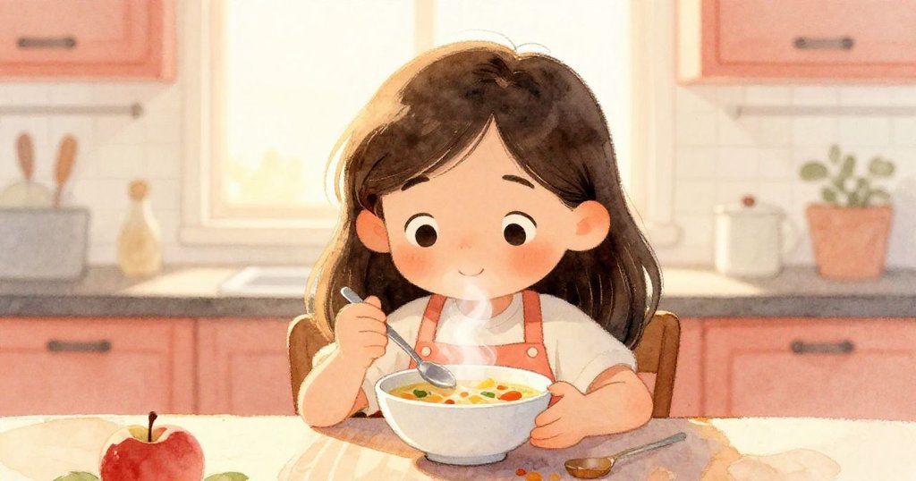 Tara在溫暖夕陽下坐在廚房桌邊，品嚐著暖和的蔬菜蘋果湯，臉上展露滿足笑容，完美結束創意料理旅程