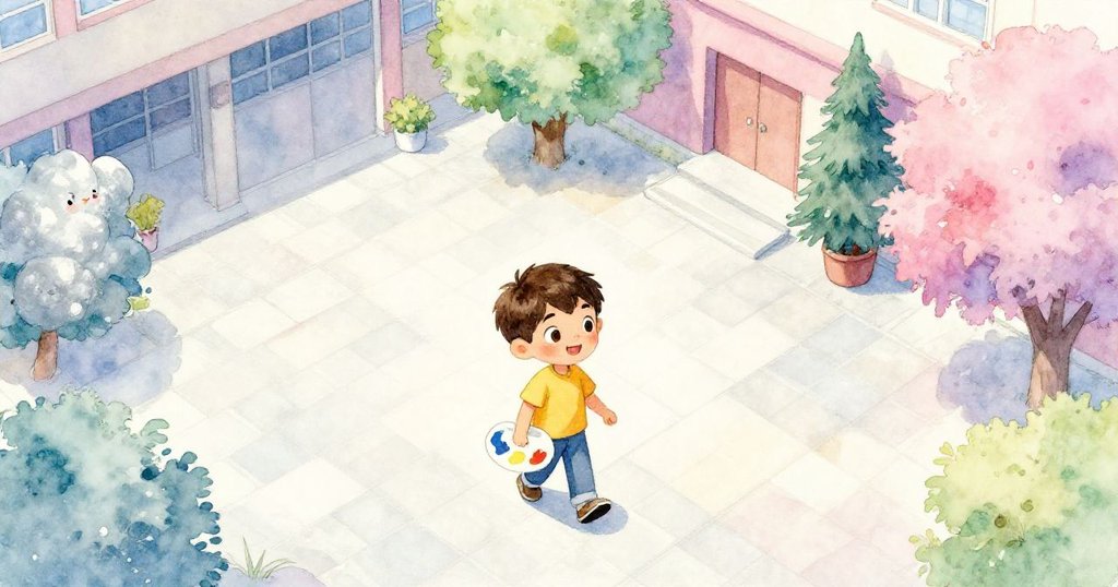 Milo走在學校庭院中，提著顏料盒，晨光灑落石板，充滿期待和快樂的心情。