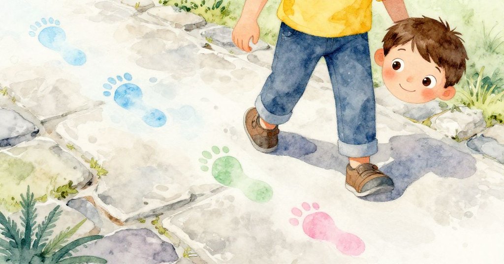 Milo的鞋子正踏在石板上，足跡清晰，表現出他對創作充滿期待與興奮的情感。