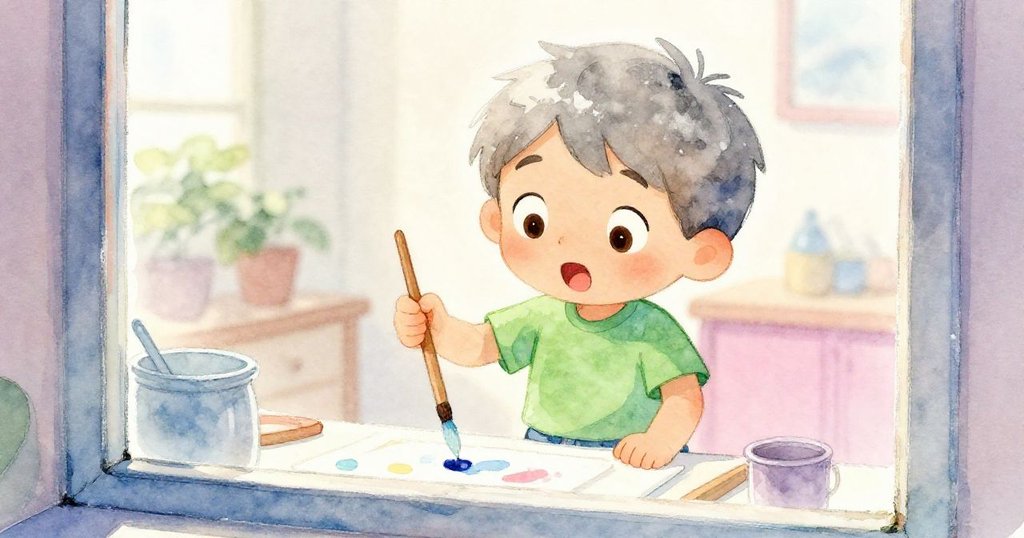 Milo透過窗戶調色，專注與驚訝交織，紙角被微風吹起，室內外光影交錯充滿盼望。