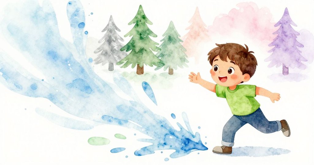 Milo看著藍色和綠色顏料如流水般在紙上擴散，他急忙伸手，眼中充滿驚訝與期待。