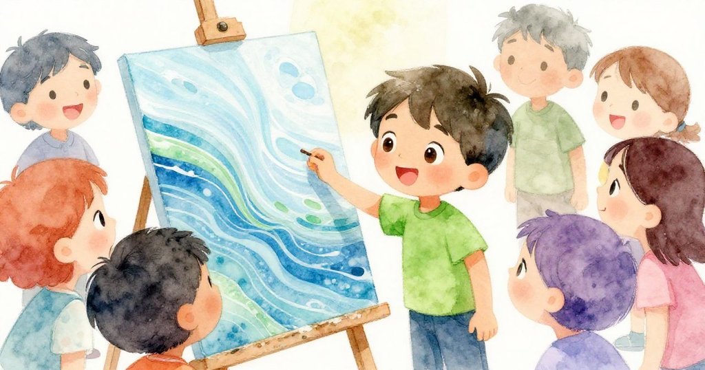 Milo和同學們聚在一起欣賞變化中的畫作，驚奇和快樂洋溢在每個臉上，場景充滿生氣。