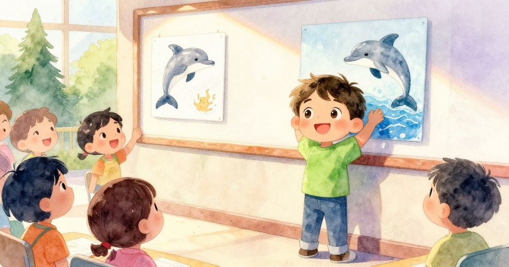 Milo將完成的海報掛上牆上，金色午後光芒映照著他自信的笑容，同學們熱情鼓掌慶祝。