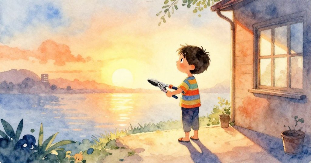 在初升太陽下,小庭院中Milo拿著剪枝器抬頭望橙子,剪影呈現夢想與期待的早晨風景。