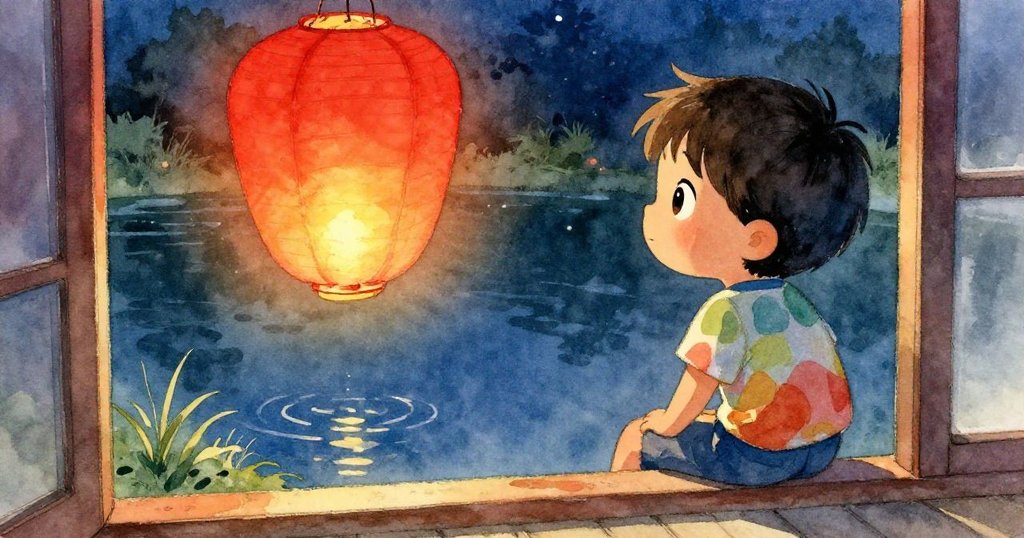 Milo透過窗框觀察飄動的紅色紙燈,神情專注與期待,背景隱約顯現室內與庭院交融的溫馨過渡。