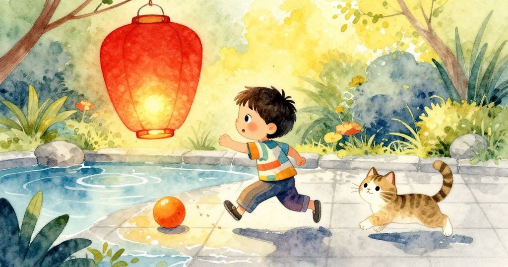 Milo在花園中急奔追趕漂浮紙燈,貓咪歡快追滾橙子,池塘與地磚映出水花與動態,活力四射。