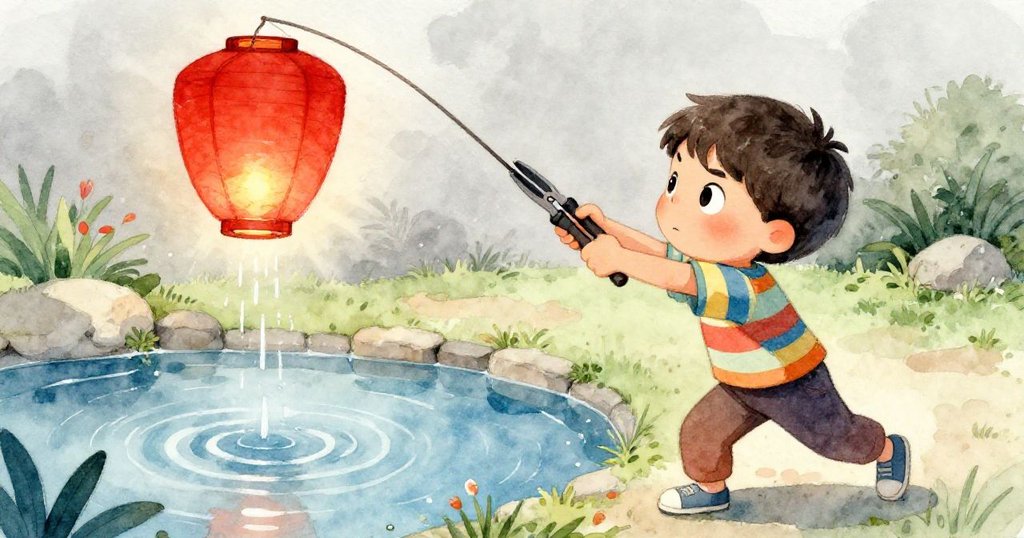 Milo在池塘邊急揮剪枝器抓住下沉紙燈的細繩,神情緊張且堅毅,水花四濺營造出戲劇瞬間。