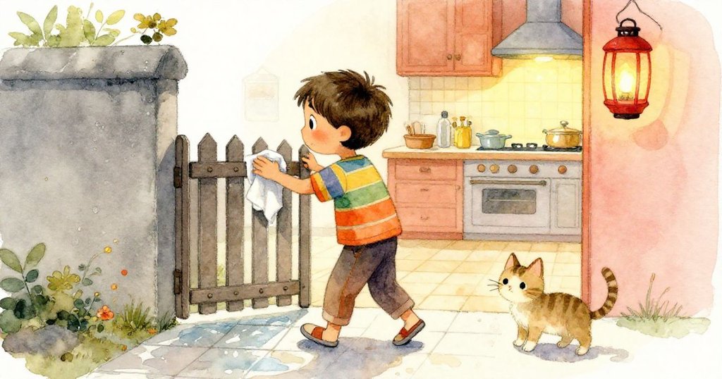 Milo在濕滑地磚上擦拭後關上門,穩步前往溫馨廚房,貓咪安靜相伴,畫面流露平和與新希望。