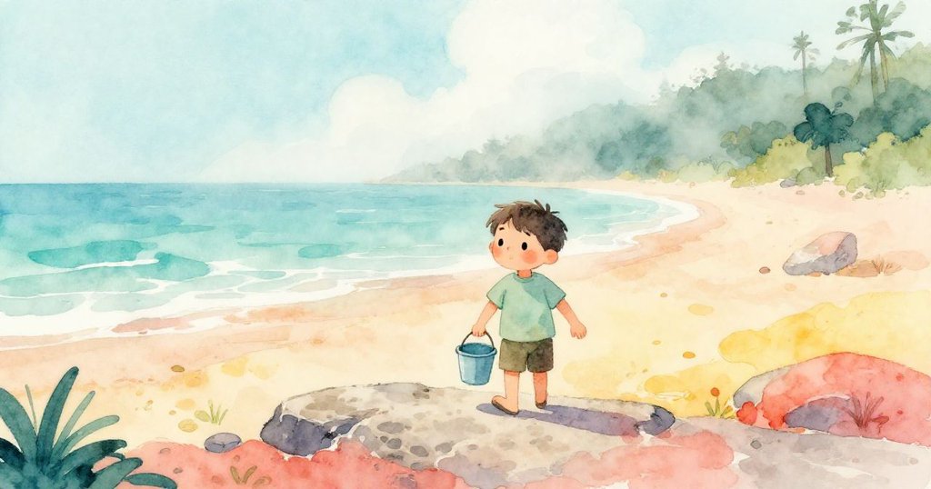 Leo在海邊晨霧中提著小桶走在濕沙與岩石小徑上，表情充滿期待與溫暖。