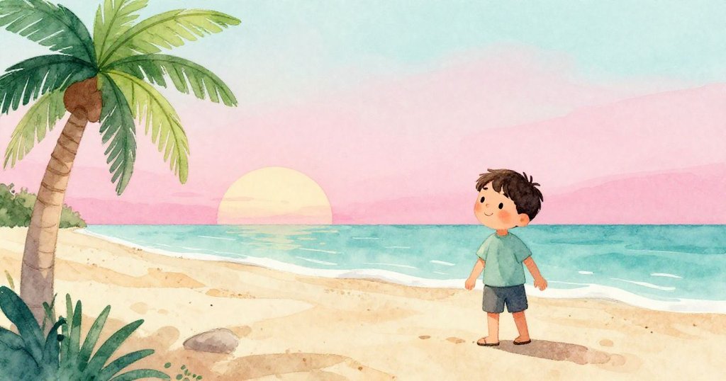 Leo在夏日海邊沙丘上感受溫柔微風，與飄動沙粒互動，環境生機盎然且充滿溫暖氣息。