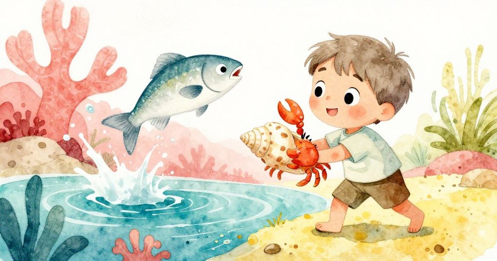 Leo靠近時，小螃蟹抓著貝殼猛躍起水花飛濺，銀魚也跳出池面，場面緊張卻充滿自然活力。