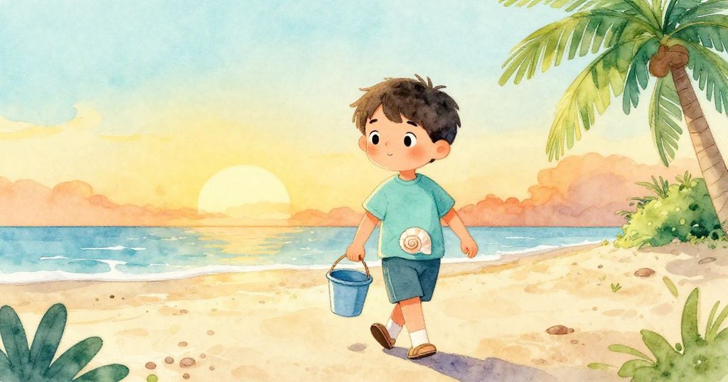Leo在夕陽餘暉中帶著清潔貝殼與小桶踏上歸途，面帶微笑，步向開闊遠方，充滿希望與溫暖。