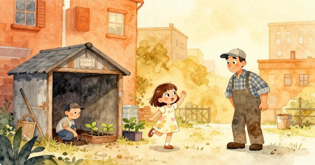 米拉踏入充滿柔和金黃色光暈的庭院，喬治輕鬆整理幼苗，雀鳥在工具棚上空歡唱，展現溫暖與期待。