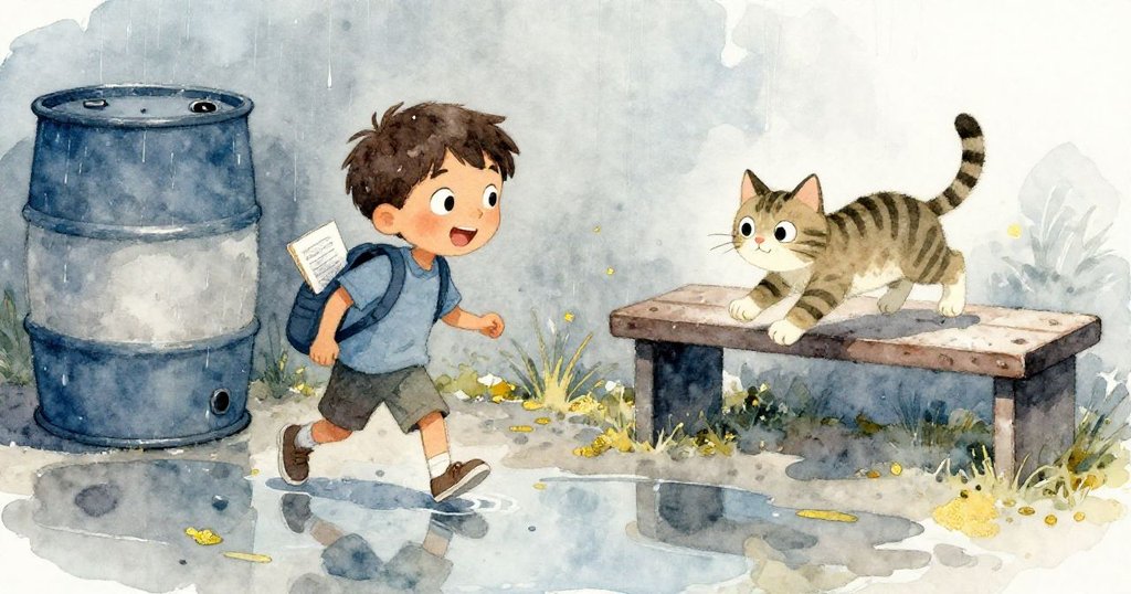 利奧靠近雨桶，水面映出他的影子，條紋貓跳上矮凳，場景充滿溫柔光影與探索氛圍。