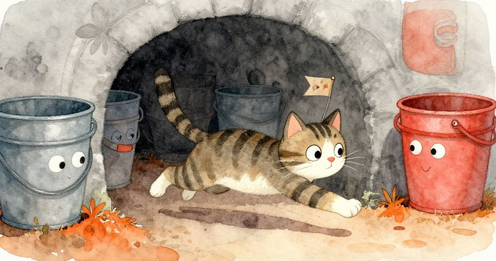 條紋貓在隱蔽角落間疾跑，尾上掛著小紙條，周遭桶子掩映，氣氛略帶緊張卻充滿遊戲感。