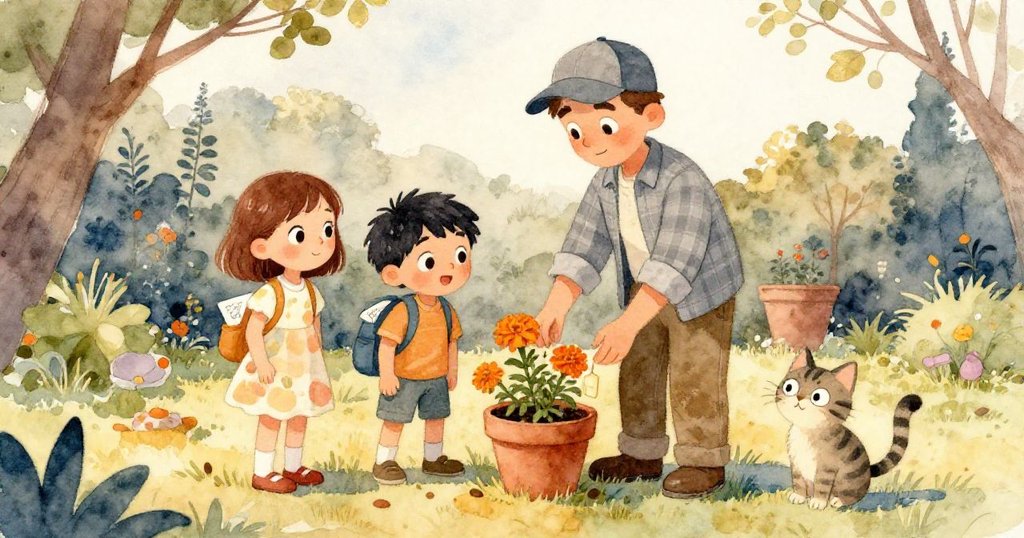 喬治在落日下將紙條植入土中，米拉與利奧滿心喜悅觀察，條紋貓靜伴身旁，庭院充滿寧靜與完成感。