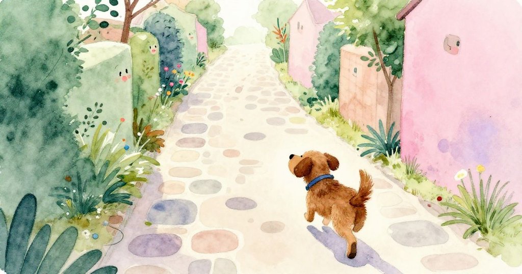 瑪雅在迷宮小徑上行走,特寫她活潑的腳步和地面的足跡,背景有快樂的小狗與修剪整齊的綠籬