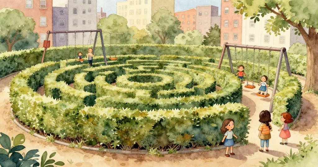 瑪雅伸手追逐一張折疊著模糊迷宮圖的紙,紙面在陽光下於水漬中產生閃爍倒影,展現冒險關鍵物