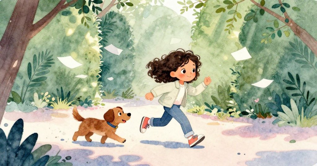 瑪雅在迷宮中追逐飛舞的紙張,光影交錯映襯著修剪整齊的綠籬,小狗快樂奔跑,呈現時間流逝的魔幻感