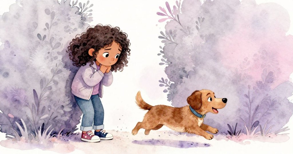 瑪雅在修剪整齊的籬笆縫隙前停下,面露猶豫與決心,小狗快樂躍過,展現面對挑戰的瞬間