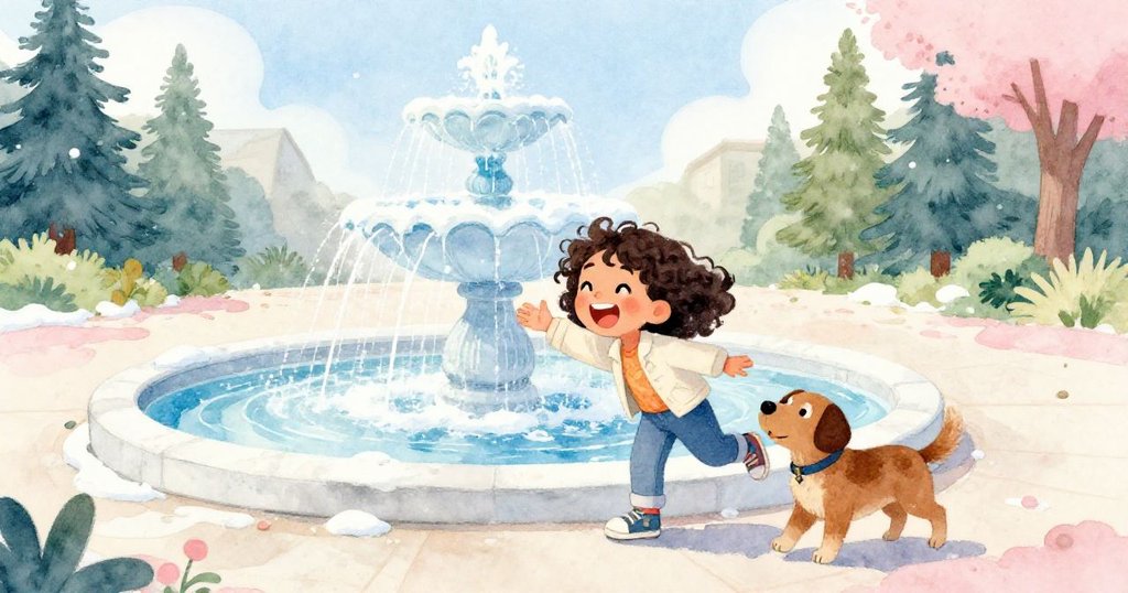 瑪雅走出迷宮進入陽光明媚的廣場,中央噴泉水花飛濺,她笑著觸碰清涼水花,小狗安靜相伴,展現冒險圓滿結局