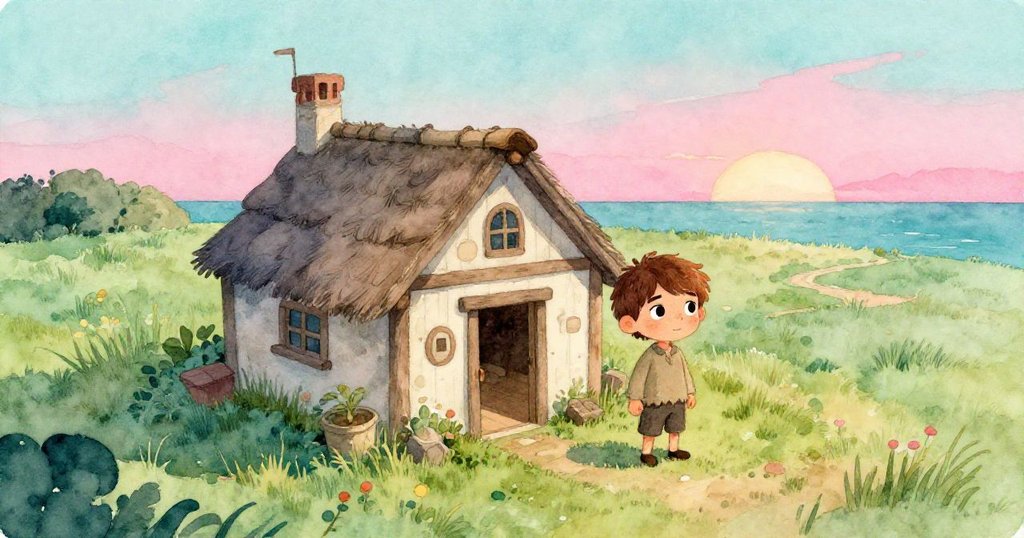 米羅在黎明前推開木屋門，從高空看下鄉村景致，顯示早晨光線與靜謐的田野氣氛，充滿期待與希望。