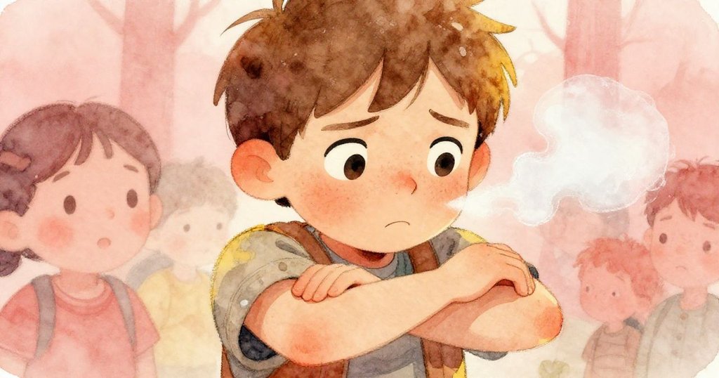 米羅在屋門口揉著手臂，呼出的白氣在寒冷中顯現，臉上透出堅定與些許憂慮，充滿情感表情。