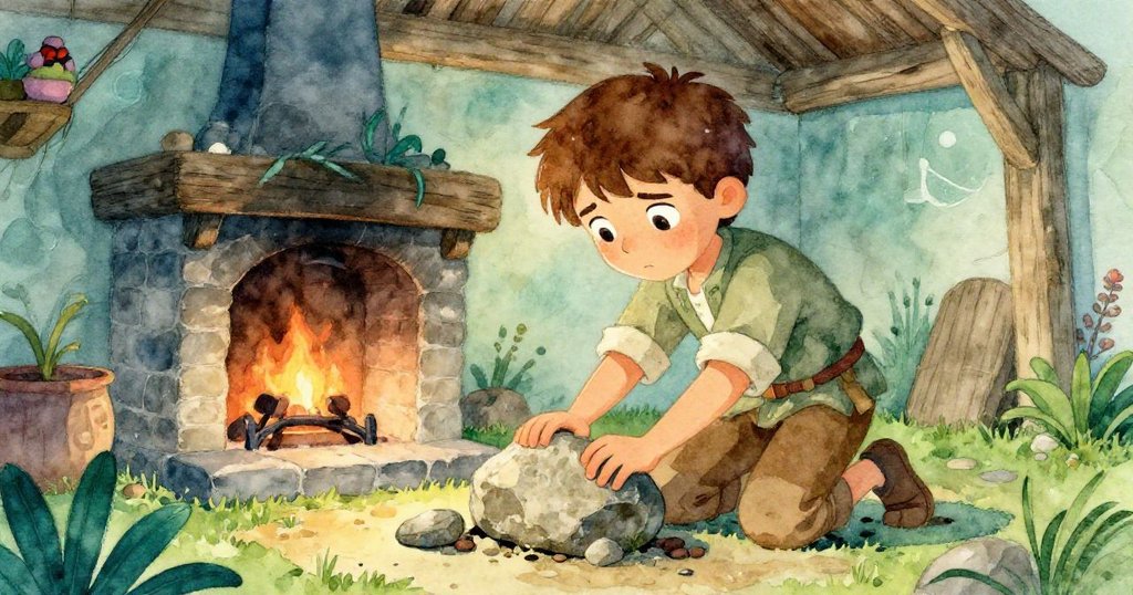 米羅蹲下來在冷爐旁撬開一塊石頭，低角度呈現他專注且堅定的神情，背景呈現樸實老舊的屋內環境。