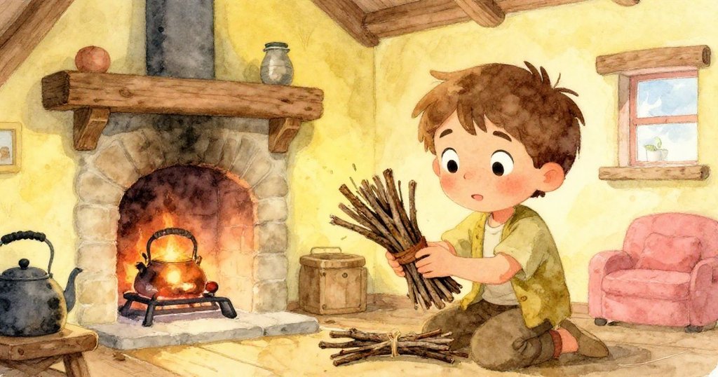 米羅在木屋內發現用蠟紙包裹的樹枝，背景有布滿灰燼的火爐和蛛網，表情中流露出驚喜與希望。