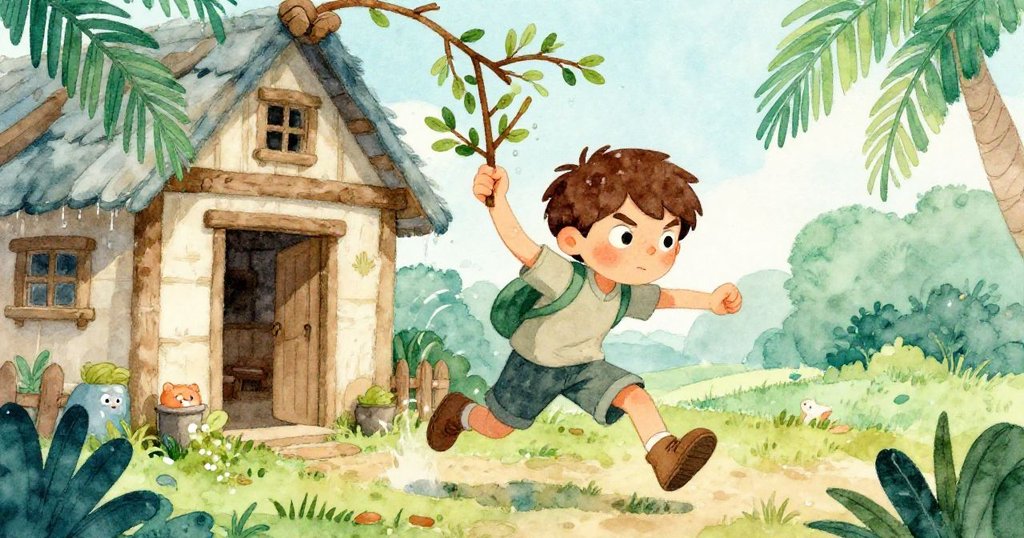 米羅在寒冷的清晨急忙採集濕漉漉的樹枝，奔跑中展現出急迫與決心，背景呈現冰霜和庭院自然景致。