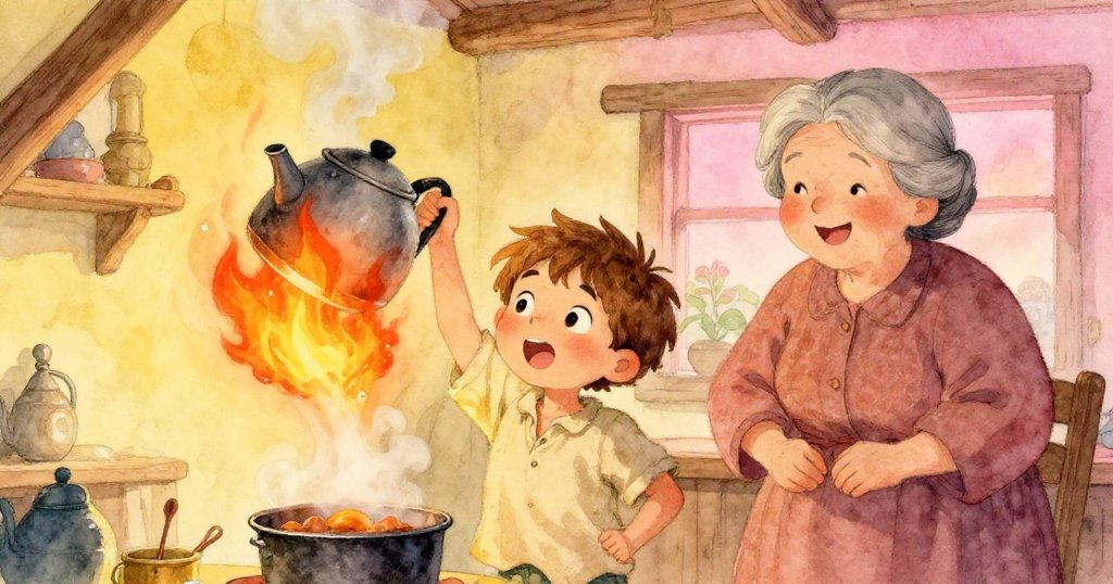 米羅滿臉勝利地舉著滾水的熱水壺，背景中奶奶溫柔走入，火光橙黃映照出家中溫暖團聚的情景。