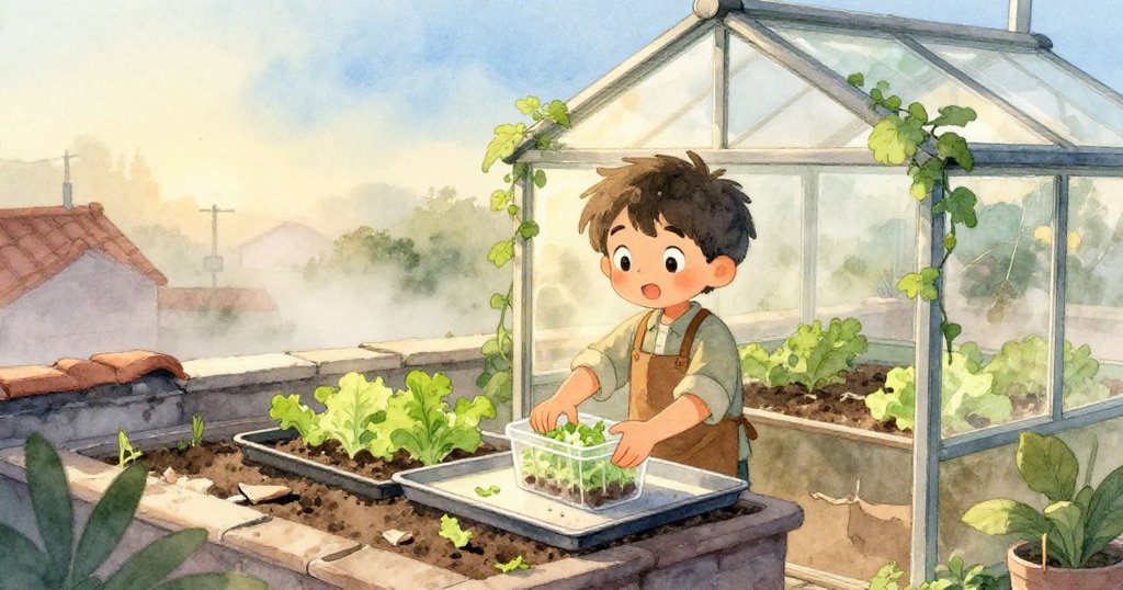 Leon在晨霧中於屋頂溫室中細心放置裝菜苗容器，背景有破損瓦片和溼潤泥土，流露出希望和溫暖。