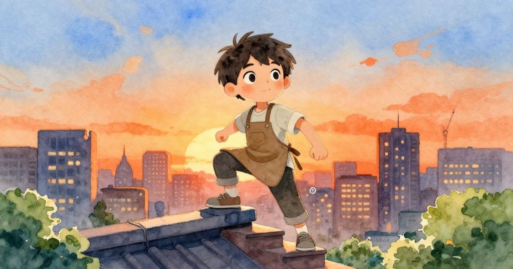 Leon在低角度畫面中踏上狹窄樓梯，英勇姿態映襯著明亮城市天際線，表現出迎風向前的決心。