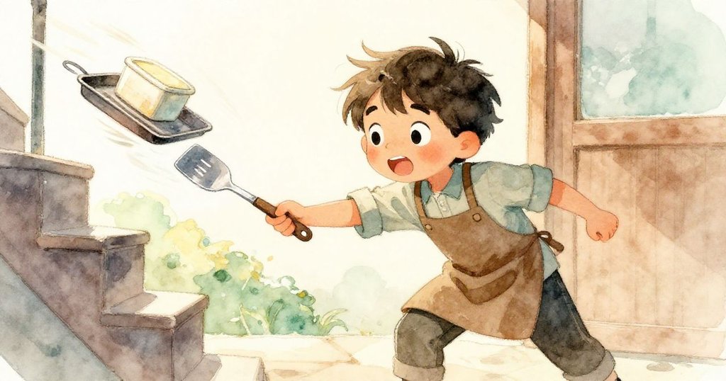 Leon在樓梯上急忙彎腰奪取金屬鏟子以固定被風吹動的烤盤和容器，表情專注且充滿緊迫感。