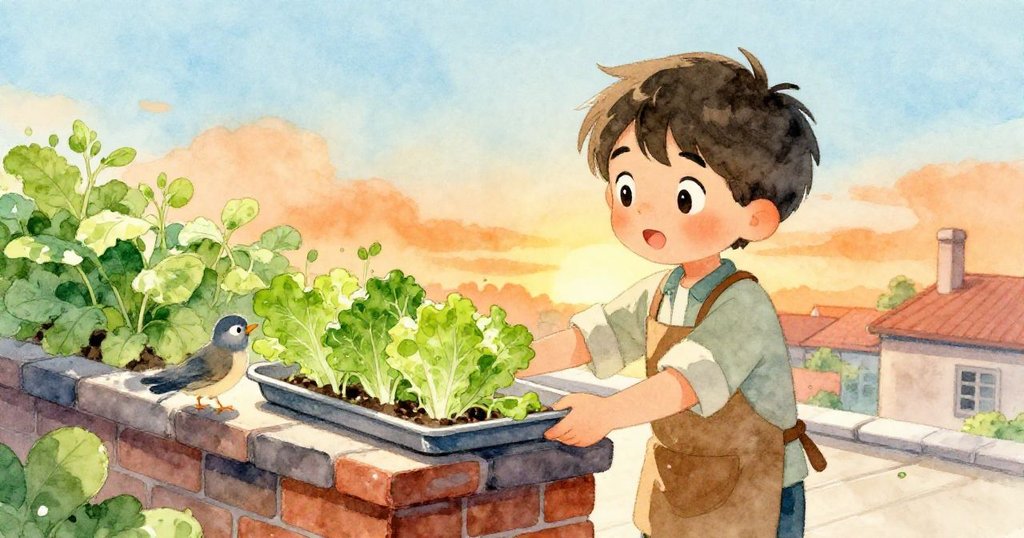 Leon將穩定烤盤放於陽光下的磚角，一隻好奇小鳥飛近觀看新芽生長，場景溫暖暖意滿盈。