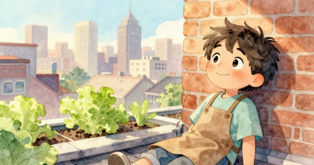 Leon坐在樓梯邊倚著磚牆欣賞新芽與遠方城市天際線，臉上流露滿足與安寧的微笑，場景溫馨寧靜。