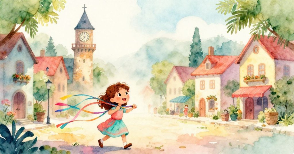 在柔和的晨霧中，Nora提著彩帶走在鄉村廣場上前往古老的鐘樓，神情充滿希望與活力，環境充滿歷史感。