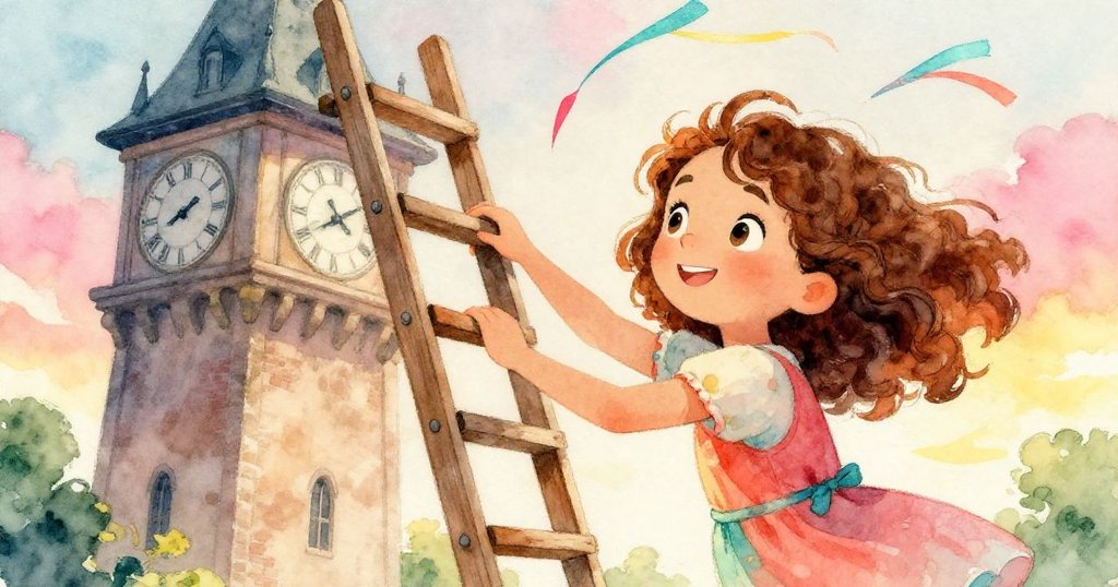 Nora專注地把修好的梯子靠在古老鐘樓牆上，手中拂動著彩帶，細節展現磚牆與修復螺絲的溫暖光澤。