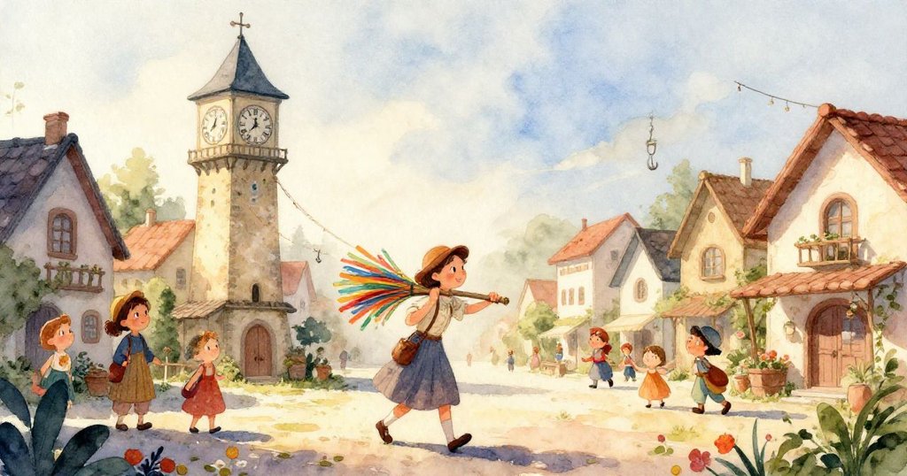 一陣風把彩帶捲動向下，落在盛開的鬱金香旁，細緻描繪彩帶與花朵的動態，展現溫柔而生動的自然畫面。