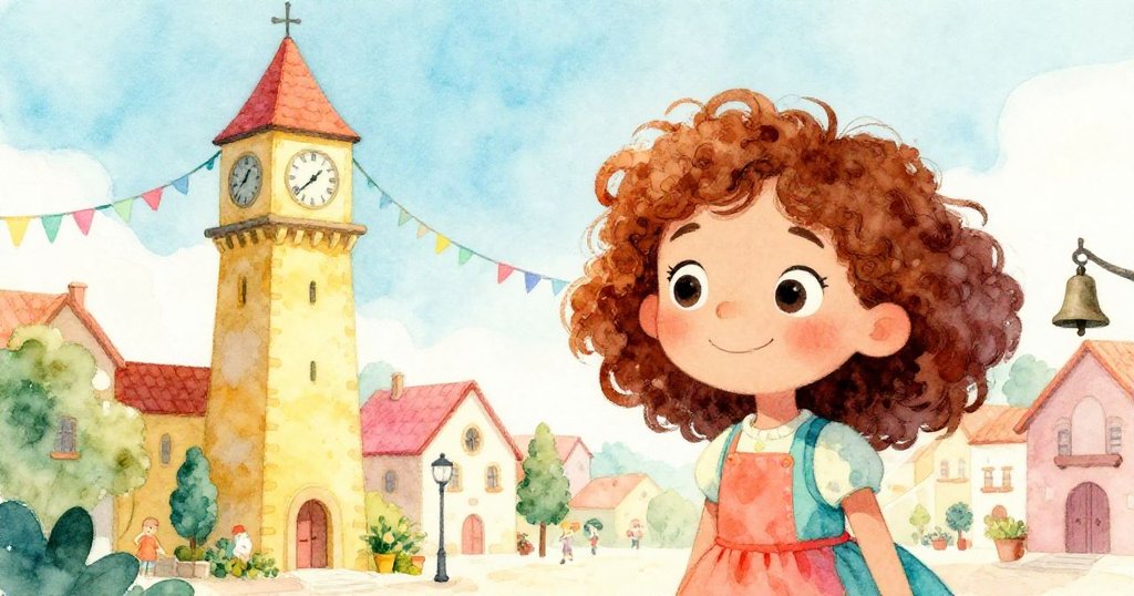 鐘聲敲響中午，鐘樓上彩帶映出全新光彩，Nora遠處觀察裝飾成果，陽光明媚，氛圍充滿時間流轉的味道。