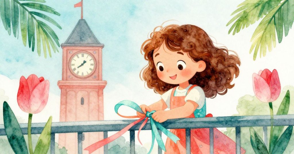 Nora在鐘樓下陽台上專心綁彩帶，臉上流露著專注與愉悅，彩帶環繞著盛開的鬱金香，充滿溫暖互動。